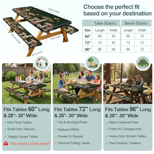 Picnic Table Cover with Bench Covers Camping Essentials Waterproof Windproof Camping Tablecloth with Drawstring Bag, Fitted Rectangle Tables and Seats, 72in, Dark Green Mushroom - color: Dark Green Mushroom, size: 72in