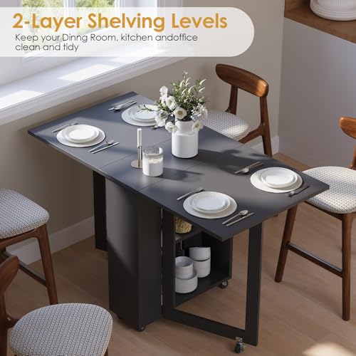LotFun Folding Dining Table with 6 Wheels, 2-Layer Storage Shelf & Drawer, Space Saving Farmhouse Kitchen Table for Small Spaces - color: Grayish Black