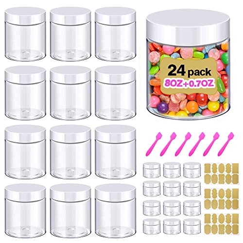 8oz Slime Containers with Lids 8 oz Plastic Jars with White Lids + 20g Sample Jars (Set of 24) Airtight Container for Lip Scrub, Body Butters, Cream, Slime, Craft Storage - color: White Lid, size: 8 OZ + Sample Jars