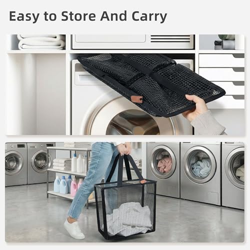 STORAGE MANIAC Collapsible Laundry Basket, 16.9 Gal. Large Pop-up Laundry Hamper with Long Carry Handles, Space-Saving Foldable Clothes Hamper with Bottom Elastic Band, Travel Laundry Bags, Mesh Black - color: Mesh Black