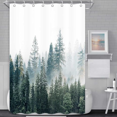 RV Shower Curtain Nature Forest Mountain Camper Shower Curtains for Travel Trailer Bathroom Woodland Tree Camping Bath Accessories Set with Hooks 47 x 64 Inches - color: Green, size: 47"W x 64"L (Pack of 1)