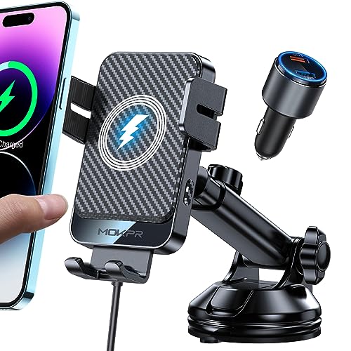 Wireless Car Charger, MOKPR 15W Fast Charging Auto-Clamping Car Mount Universal Hands-Free Car Charger Mount for Dash Windshield Air Vent Compatible with iPhone 15/14/13/12, Samsung S23/S22/S21 Black - color: Light Black with qc 3.0