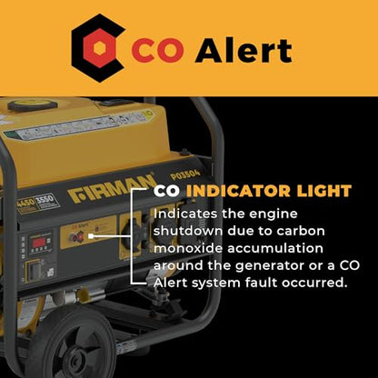 FIRMAN P03504 Gas Portable Generator, 120V Recoil Start | 4450 Starting Watts, CO Alert Safety System, RV Ready Outlets, 5 Gallon Fuel Tank, 14-Hr Runtime for Home Backup Outdoor Use