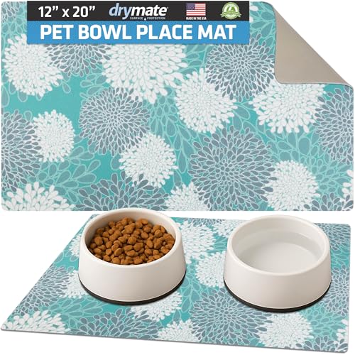 Drymate Pet Bowl Placemat, Dog & Cat Food Feeding Mats, 12x20, Turquoise | Absorbent Fabric, Waterproof Backing, Slip-Resistant, Machine Washable, Contains Spills & Mess, Protects Floors, USA Made - color: Indian Summer Turquoise & White 8, size: 20"L x 1