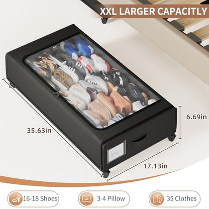 XXXXL Extra Long Under Bed Storage with Wheels,BIGGEST Size Available(66L) under the bed storage Organizer with Lid&Label,Rolling Under the bed Metal Drawer for Clothes,Shoes,Toys(36x17x 6In)