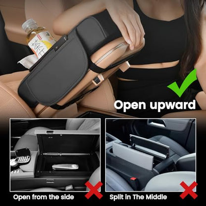 LEIWOOR 5 in 1 Car Center Console Cover, Armrest Pad with 2 Storage Pockets, Cup Holder, Tissue Slot, Phone Holder, Wear Resistant Premium Nappa Leather Memory Foam Car Accessories for SUV Sedan Truck