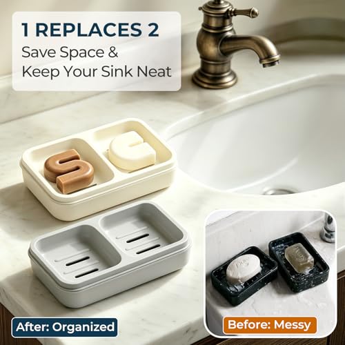 AIMAIAIMAI 2-Compartment Shampoo Bar Holder | Slotted Soap Dish with Drainage Tray for Bar Shampoo and Conditioner (1-Pack, White) - color: White