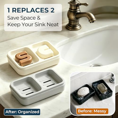 AIMAIAIMAI 2-Compartment Shampoo Bar Holder | Slotted Soap Dish with Drainage Tray for Bar Shampoo and Conditioner (1-Pack, White) - color: White