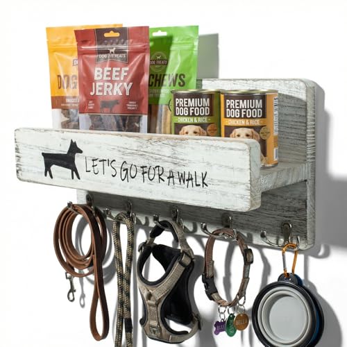 Wood Dog Leash Holder for Wall, Key Hangers with 5 Double Key Hooks, Dog Leash Hanger Wall Mounted for Entryway, Farmhouse Treats,35cm,White - color: White