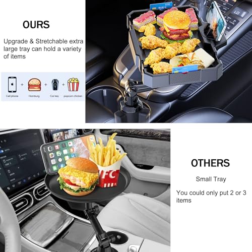 5 in 1 Car Cup Holder Tray Expander, Detachable Food Table Tray with Solid Base, 7.9~9.8 inch Expandable Car Travel Cup Coffee Table Stand 360° Rotating Tray with Phone Holder, Road Trip Essentials - color: Medium Tray
