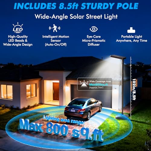 102" Solar Outdoor Street Lights with Pole & Remote, Removable IP65 Waterproof LED Solar Flood Motion Post Light, Dusk to Dawn Solar Floor Lamp for House, Yard, Garden, Patio, Lawn, Garage, Driveway - size: 102'' Height with water filled base