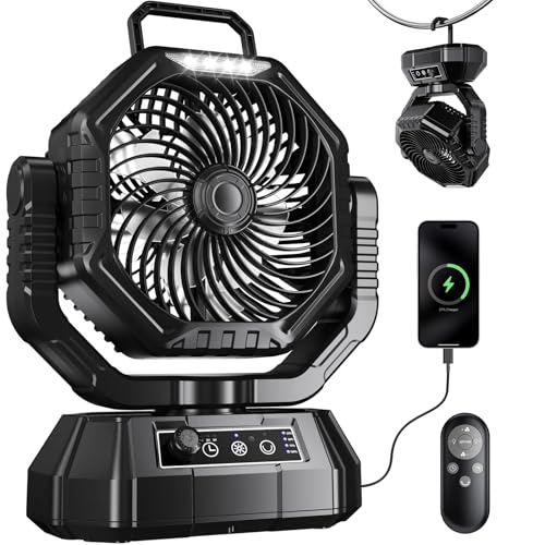 HAWANA Oscillating Camping Fan with Light and Remote, Battery Powered Hanging Tent Fan, Portable Rechargeable Fan for Outdoor, Camp, Fishing, RV Travel, Emergency Power Outage and Jobsite - color: Deep Black