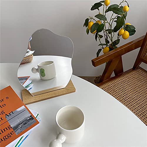 Irregular Aesthetic Vanity Mirror, Frameless Acrylic Decorative Desk Tabletop Mirror with Wooden Stand Funky Makeup Mirror for Living Room Bedroom and Minimal Spaces Home Decor (Cloud Shape), White