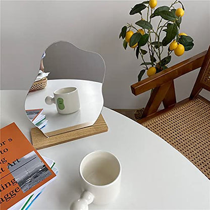 Irregular Aesthetic Vanity Mirror, Frameless Acrylic Decorative Desk Tabletop Mirror with Wooden Stand Funky Makeup Mirror for Living Room Bedroom and Minimal Spaces Home Decor (Cloud Shape), White