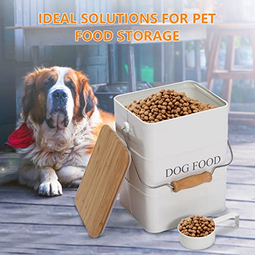 Morezi Dog Treat and Food Storage Tin with Wooden Lid and Scoop Included - White Powder - Carbon Steel - 5 lbs Capacity - Pet Food Container Storage Canister - color: White