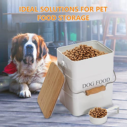Morezi Dog Treat and Food Storage Tin with Wooden Lid and Scoop Included - White Powder - Carbon Steel - 5 lbs Capacity - Pet Food Container Storage Canister - color: White
