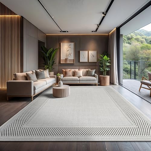 CAMILSON Easy Jute Rug 9x12, Indoor Outdoor Off-White Color Fiber Area Rugs for Living Room Patio and Dining Room Rug, Bordered Boho Woven Design, Easy-Cleaning, Washable Outside Carpet (9 x 12) - color: Bordered/Bone-black, size: 9' x 12' (Rectangular)
