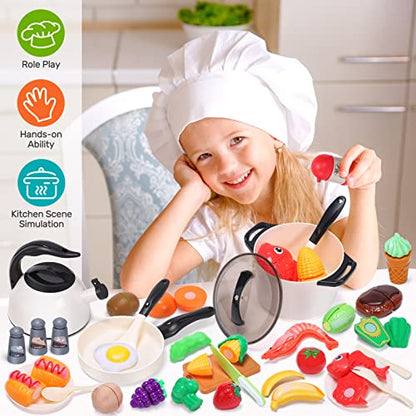 CUTE STONE Play Kitchen Accessories Toy, Play Food Sets for Kids Kitchen, Pretend Kitchen Set for Kids with Play Pots, Pans, Toddler Kitchen Playset Kitchen Toys for Girls Boys - style: White Cooking Set