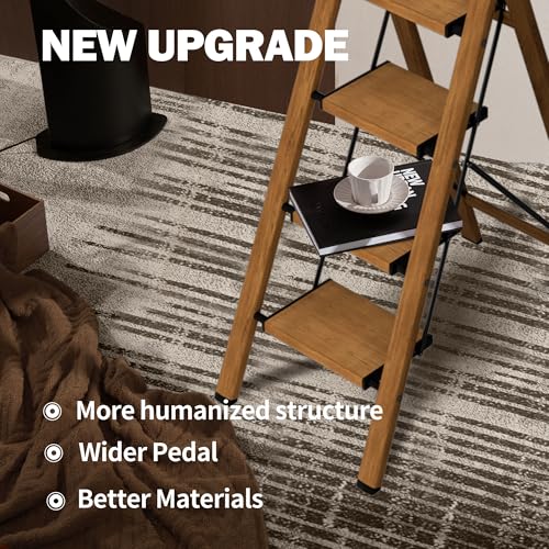 4 Step Ladder,Lightweight Folding Step Stool with Aluminum Wide Pedal& Convenient Handgrip,330lbs Capacity Steel Ladder for Household and Office(Woodgrain) - color: Woodgrain, size: 4 Step