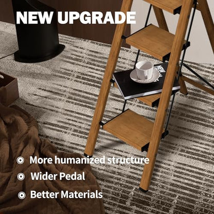 4 Step Ladder,Lightweight Folding Step Stool with Aluminum Wide Pedal& Convenient Handgrip,330lbs Capacity Steel Ladder for Household and Office(Woodgrain) - color: Woodgrain, size: 4 Step