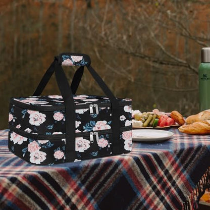 esouler Double Insulated Casserole Carrier Bag Hot & Cold Food Carrier Bag Lasagna Holder Lunch Bag for Picnics, Parties, Travel, Fits 9 x 13 Inches Casserole Dish-Flower - color: Flower, size: 16x10x7.2 in