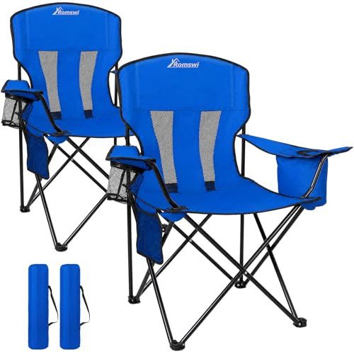 Romswi Portable Camping Chairs for Adult, Folding Outdoor Chairs with 4-Can Cooler Bag, Folding Chair with Mesh Back for Outdoor, Fishing, Garden, 2-Pack, Blue - color: Blue, style: Large