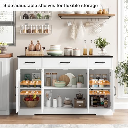 HOSTACK Buffet Sideboard Cabinet with Drawers, 55" Large Buffet Storage Cabinet with Shelves and Doors, Modern Farmhouse Coffee Bar Station Wood Kitchen Table for Kitchen, Dining Room, White/Black - color: White/Black