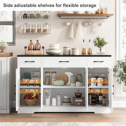 HOSTACK Buffet Sideboard Cabinet with Drawers, 55" Large Buffet Storage Cabinet with Shelves and Doors, Modern Farmhouse Coffee Bar Station Wood Kitchen Table for Kitchen, Dining Room, White/Black - color: White/Black
