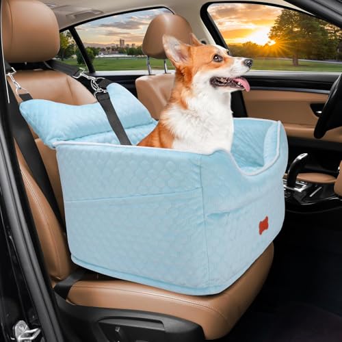 Dog Car Seat - Memory Foam Dog Booster Seat for Small Dogs Up to 25lbs-Elevated Pet Car Seat with Storage Pockets and Dog Seat Belt-Soft Pet Travel Bed for Front & Back Seats-Removable Washable-Blue - color: Light Blue