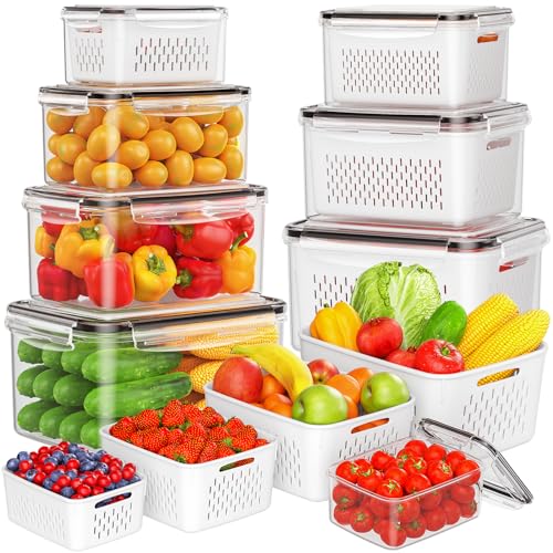 8-Pack Fruit Storage Containers for Fridge, Leakproof Fruit Containers for Fridge with Colanders, BPA-Free Produce Storage Containers with Lids Keep Fruits, Vegetables, Berry, Meat Fresh longer - color: 8 PACK