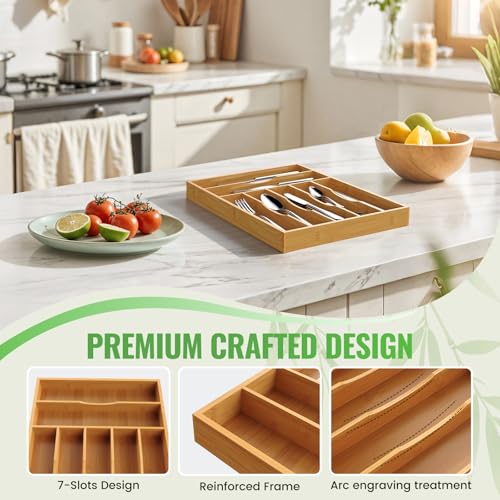 Bamboo Silverware Organizer, 12 Inch Bamboo Kitchen Drawer Cutlery Organizer, Utensil Holder, Flatware Organizer Tray (15.8"x11.9"x1.6") - size: Large