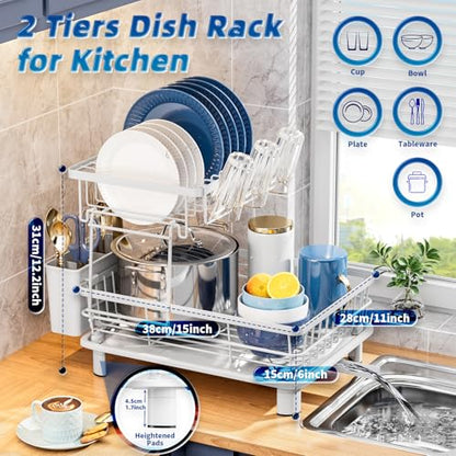 GAOKASE Dish Drying Rack, Stainless Steel-Dish Rack, Dish Racks for Kitchen Counter, Kitchen Dish Drainers with Removable Utensil Holder,New Drain Outlet,Plate Rack and Drainboard (White 3) - color: White 3