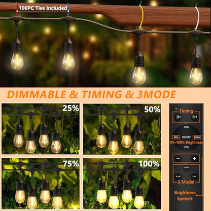 50FT Outdoor String Lights Waterproof with 30+2 Bulbs (1.5FT Bulbs Spacing), Remote & Dimmer, Commercial Grade Patio Lights with 3 Mode Light & Timing,100PC Ties for Outside - style: 50FT With 32 Bulbs