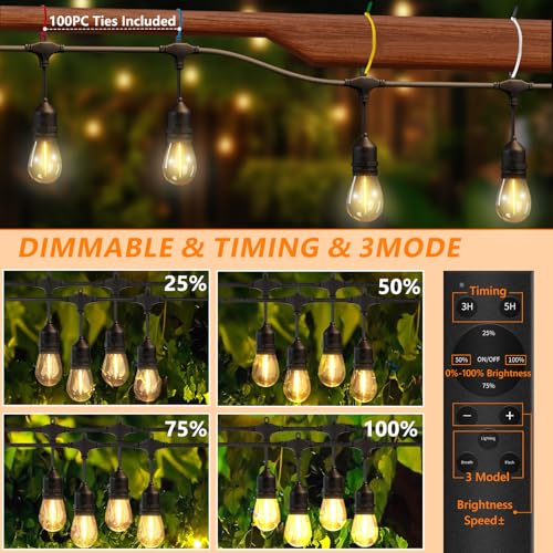 100FT LED Outdoor String Lights with 60+4 Waterproof Bulbs(1.5FT Bulbs Spacing), Remote & Dimmer, Commercial Grade Patio Lights with 3 Mode Light & Timing, 100PC Ties - style: 100FT With 64 Bulbs