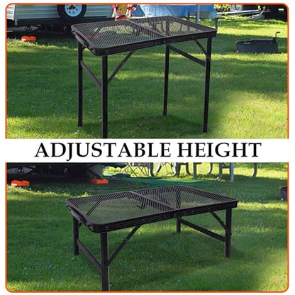 FORUP Small Folding Table, Camping Table with Mesh Desktop, Portable Picnic Table with Carry Handle, Height Adjustable Portable Grill Table for Outside Inside Use