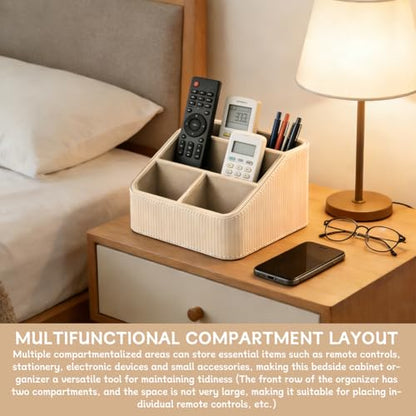 Remote Control Holder, Small Nightstand Organizer with 4 Compartments, PU Leather Desk Caddy, Multifunctional Bedside Desktop Organizers with Label Stickers(COLOR:Beige)
