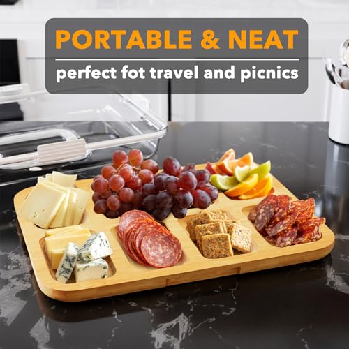 SpaceAid Charcuterie Board with Clear Lid, Portable Travel Cheese Cutting Boards for Picnic Accessories, Bamboo Serving Tray with Lids, House Warming Gifts, White Handles, 8 Compartments - color: White Handles, 8 Compartment