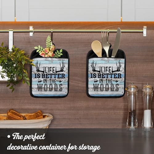 Hunting Cabin Gifts Pot Holders with Pockets, Life is Better in The Woods Moose Pot Holders Heat Resistant Oven Mitts Hot Pads for Kitchen Baking Cooking,Potholders for Kitchens - color: Louyzhut-3