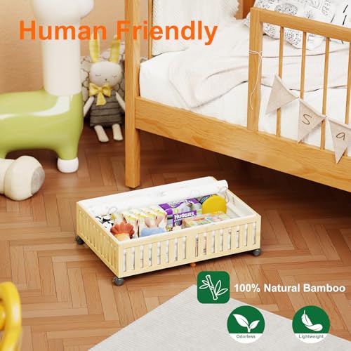 Bamboo Under Bed Storage Containers with Wheels, 40L UnderBed Drawers with Dust Bag, Breathable Under Bed Shoe Storage, Rolling UnderBed Clothes Storage, 1Pack - size: 24.02"L ×16.54"W, style: 1Pack