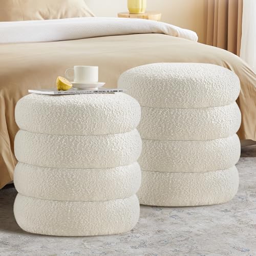 Busaurus Round Ottoman with Storage for Living Room Small Boucle Foot Stool Modern Upholstered Vanity Stool Ottoman Foot Rest for Dorm Corner Home Decor, Set of 2 (White) - color: Round-white-2pcs