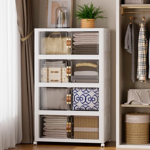 SAILUN 537QT/134Gal Stackable Storage Bins with a Lid, Collapsible Storage Bins With Doors, Folding Cabinet for Home Closet Organization,4 Pack-28 W x 18" D x 61.6" H White - color: White-130qt, size: 1 lid 4 Pack