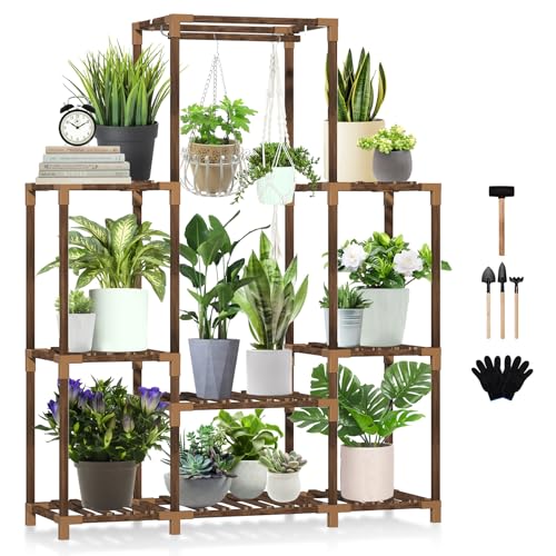 Uneedem Plant Stand Indoor Outdoor Tall Shelf for Multiple Plants 8 Tiers 12 Pot Large Rack Pine Wood Corner Plant/Flower Holder for Room Corner Balcony - size: 8 Tiers