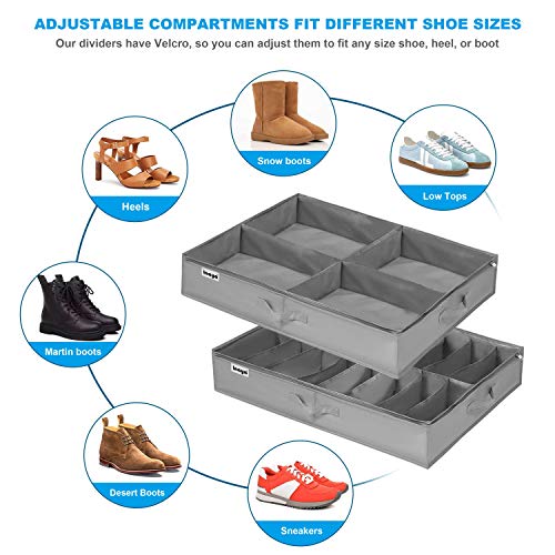 Under Bed Shoe Storage Organizer Set of 2, Fits 16+4 Pairs Boots Total, Underbed Shoe Box Storage Containers w/ Reinforced Handles, Clear Foldable Shoes Organizer Adjustable Dividers w/ Bottom Support - size: 16+4 Cells (Adjustable Dividers)