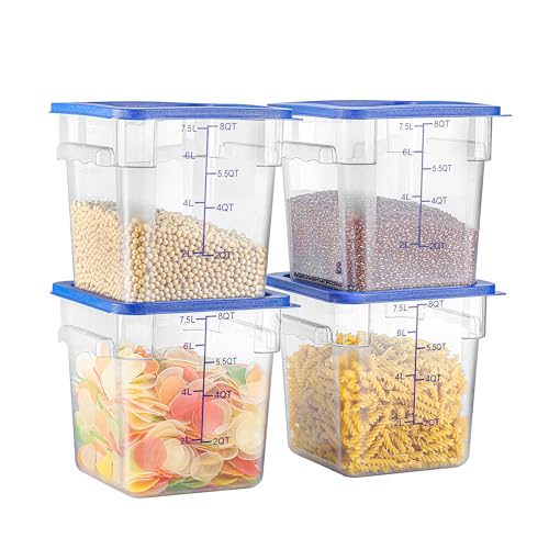 EGGKITPO 8 QT Set of 4 Food Storage Containers with Blue Lids Handle and Scarle Stackable Clear Square Commercial Container Set For Dough Proofing Home Restaurant Kitchen Supply BPA-Free Polycarbonate - color: Blue Lids, size: 8.0 QT