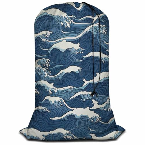Swono Wave Large Collapsible Laundry Bag - Surf Sea Cartoon Blue White Foldable Hamper, Football Grid Oxford Cloth, Holds 4 Loads, Ocean Theme - color: Wave