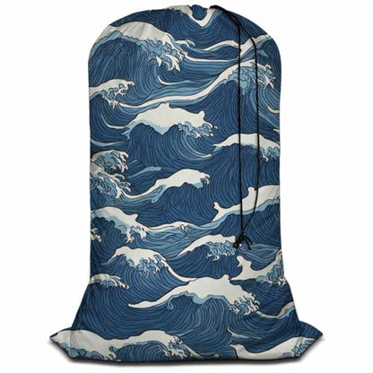 Swono Wave Large Collapsible Laundry Bag - Surf Sea Cartoon Blue White Foldable Hamper, Football Grid Oxford Cloth, Holds 4 Loads, Ocean Theme - color: Wave