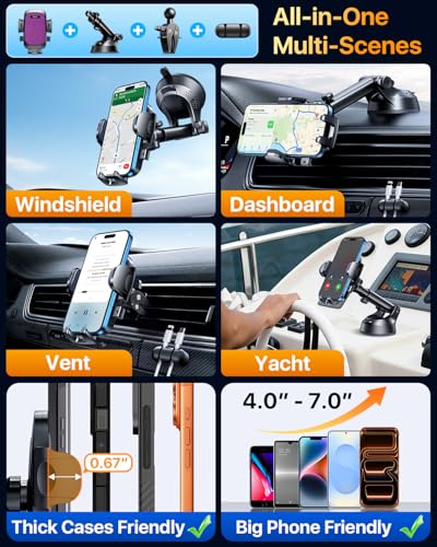 YRU [True Upgrade for Safety] Car Phone Holder Mount [Patent & Military-Grade] Dashboard Cell Phone Holder for Car Vent Windshield Phone Stand for iPhone 17 16 15 14 13 Pro Max Truck Samsung, Purple - color: Purple