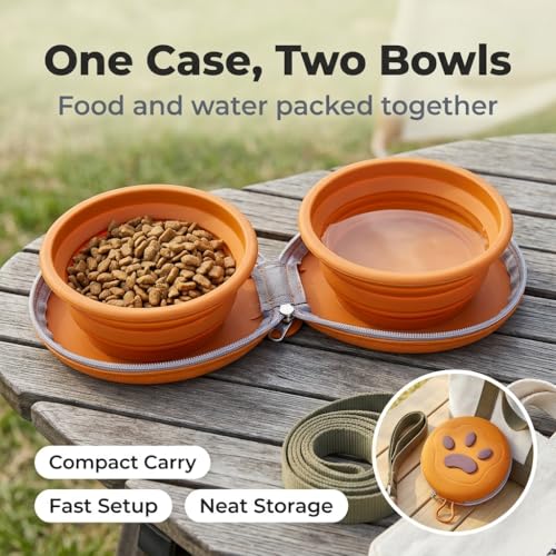 Collapsible Dual Pet Travel Bowls with Zipper Case, Portable Silicone Food and Water Set for Dogs and Cats, Hanging Loop for Walks, Hiking, Camping, Road Trips