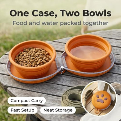 Collapsible Dual Pet Travel Bowls with Zipper Case, Portable Silicone Food and Water Set for Dogs and Cats, Hanging Loop for Walks, Hiking, Camping, Road Trips