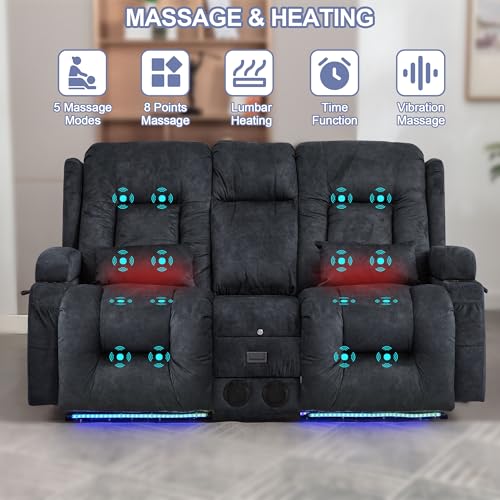TUNYI Power Loveseat Recliner Sofa with Massage & Heat Home Theater Seating with Console RV Recliner Loveseat Sofa with USB/Storage/Side Pocket/LED Light/Speaker (Grey, Loveseat) - color: Grey, size: 2 Seat